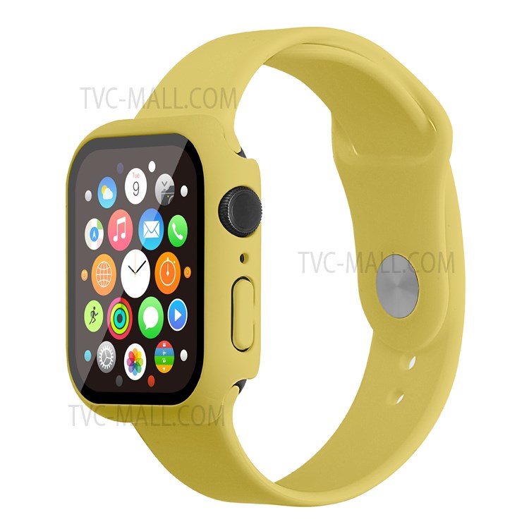 For Apple Watch Series 7 45mm Hard PC Watch Case with Tempered Glass Film + Silicone Watch Band, Size S / M - Yellow