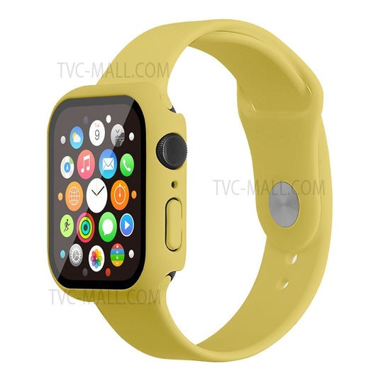 For Apple Watch Series 7 45mm Hard PC Watch Case with Tempered Glass Film + Silicone Watch Band, Size S / M - Yellow
