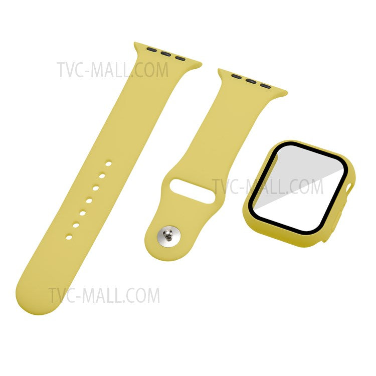 For Apple Watch Series 7 45mm Hard PC Watch Case with Tempered Glass Film + Silicone Watch Band, Size S / M - Yellow