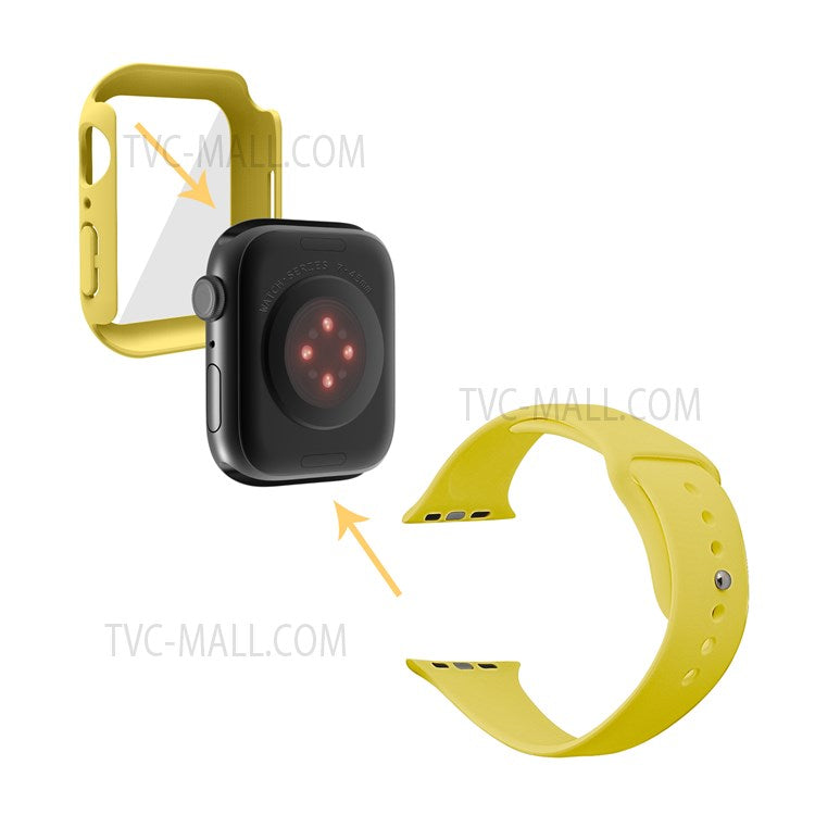For Apple Watch Series 7 45mm Hard PC Watch Case with Tempered Glass Film + Silicone Watch Band, Size S / M - Yellow