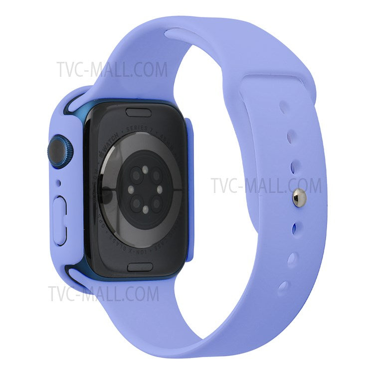 For Apple Watch Series 7 45mm Hard PC Watch Case with Tempered Glass Film + Silicone Watch Band, Size S / M - Lilac