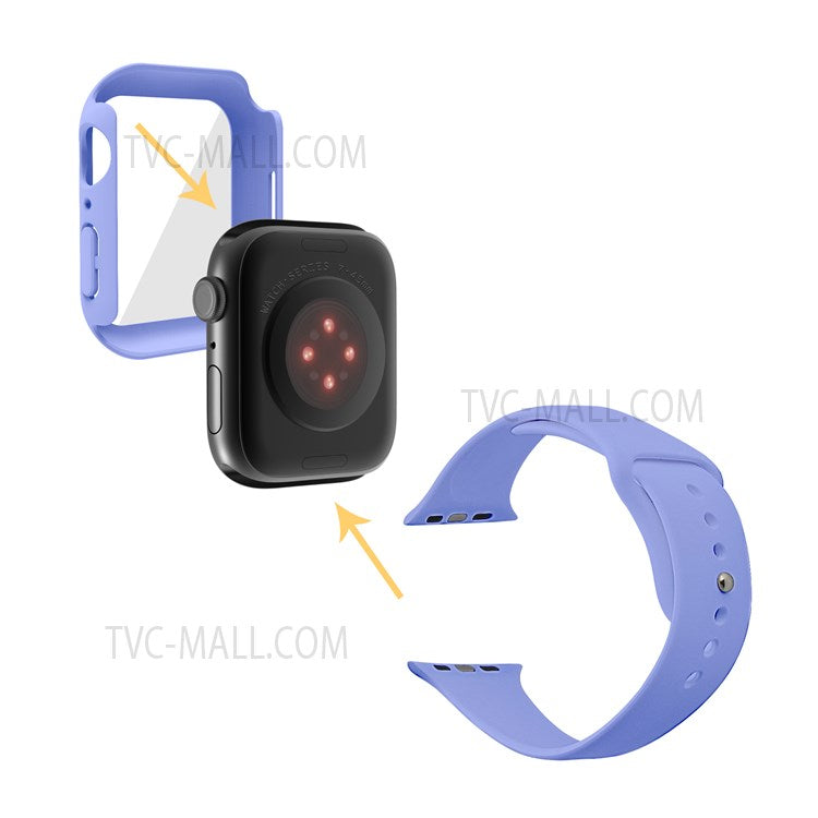 For Apple Watch Series 7 45mm Hard PC Watch Case with Tempered Glass Film + Silicone Watch Band, Size S / M - Lilac