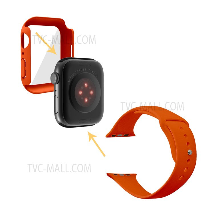 For Apple Watch Series 7 45mm Hard PC Watch Case with Tempered Glass Film + Silicone Watch Band, Size S / M - Orange