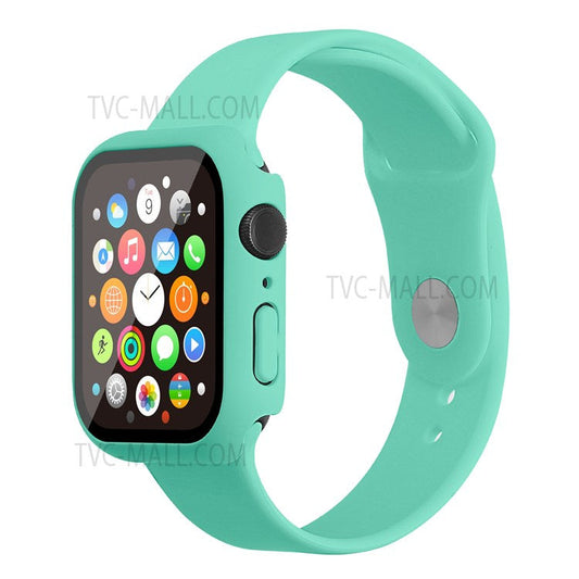 For Apple Watch Series 7 45mm Soft Silicone Watch Band+Hard PC Watch Cover with Tempered Glass Film, Size M / L - Mint Green