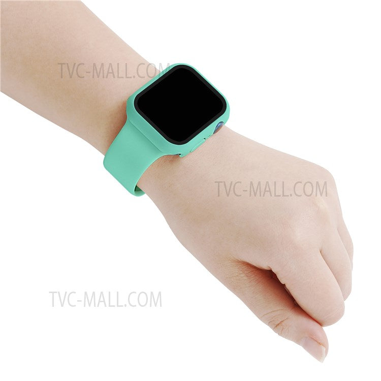 For Apple Watch Series 7 45mm Soft Silicone Watch Band+Hard PC Watch Cover with Tempered Glass Film, Size M / L - Mint Green