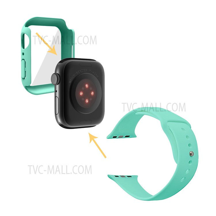 For Apple Watch Series 7 45mm Soft Silicone Watch Band+Hard PC Watch Cover with Tempered Glass Film, Size M / L - Mint Green