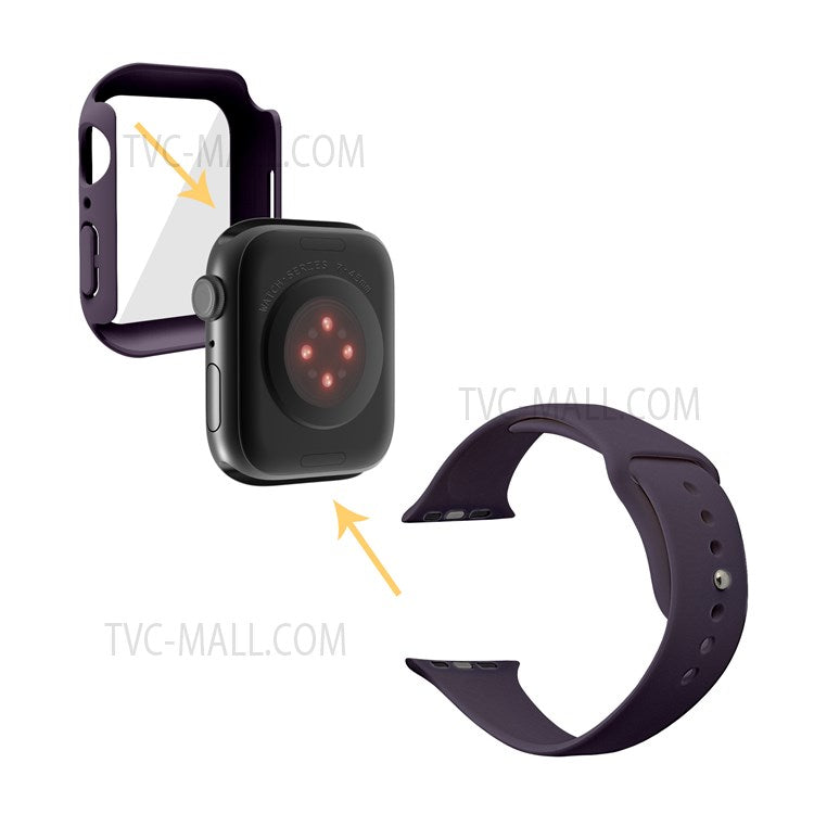 For Apple Watch Series 7 45mm Soft Silicone Watch Band+Hard PC Watch Cover with Tempered Glass Film, Size M / L - Dark Purple