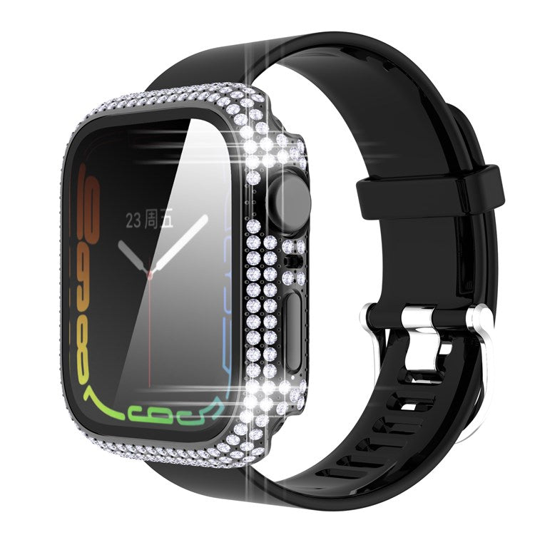 For Apple Watch Series 9 / 8 / 7 41mm Rhinestone Decorated PC  Watch Case with Anti-scratch Tempered Glass Screen Protector - Black