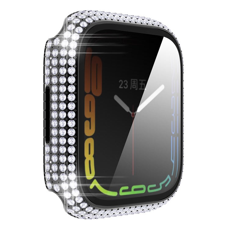 For Apple Watch Series 9 / 8 / 7 41mm Rhinestone Decorated PC  Watch Case with Anti-scratch Tempered Glass Screen Protector - Black