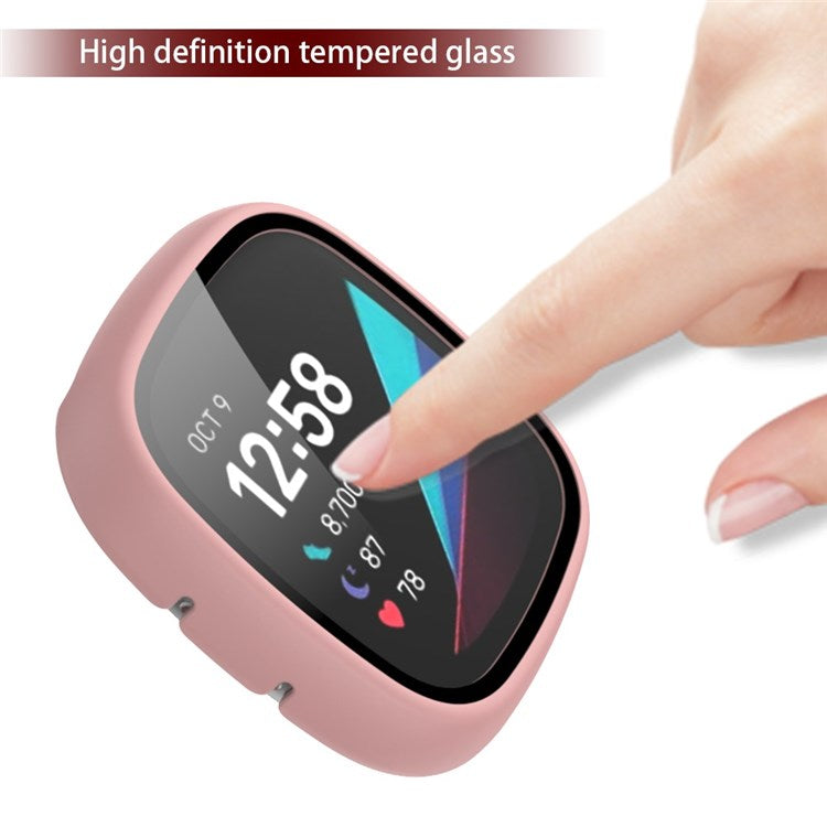 For Fitbit Versa 3/Sense Anti-Scratch Matte Hard PC Case with Tempered Glass Screen Protector Wear-Resistant Smart Watch Cover - Pink