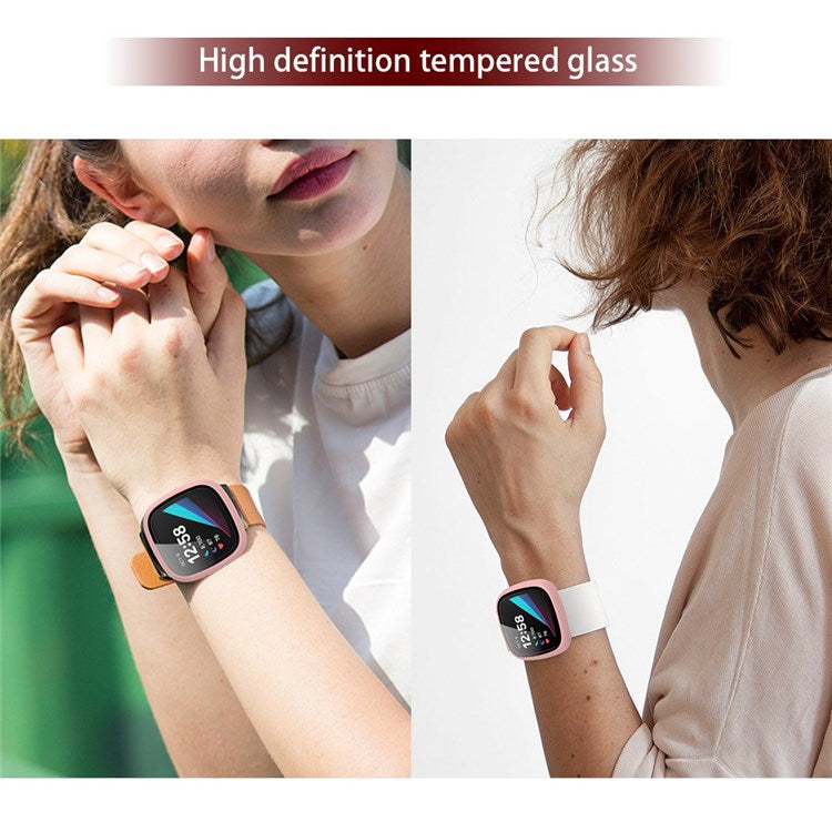 For Fitbit Versa 3/Sense Anti-Scratch Matte Hard PC Case with Tempered Glass Screen Protector Wear-Resistant Smart Watch Cover - Pink