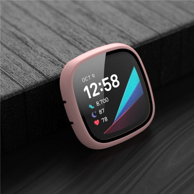 For Fitbit Versa 3/Sense Anti-Scratch Matte Hard PC Case with Tempered Glass Screen Protector Wear-Resistant Smart Watch Cover - Pink