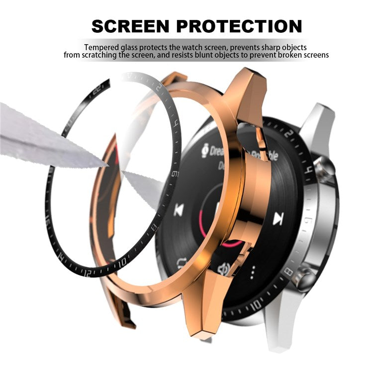 For Huawei Watch GT 2 46mm Stylish Electroplating PC Watch Cover Case with Tempered Glass Screen Protector with Dial Plate - Rose Gold