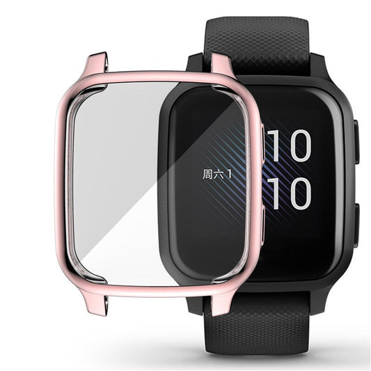 For Garmin Venu Sq Soft TPU Electroplated Frame Watch Case Full Protection Screen Protector Cover - Pink