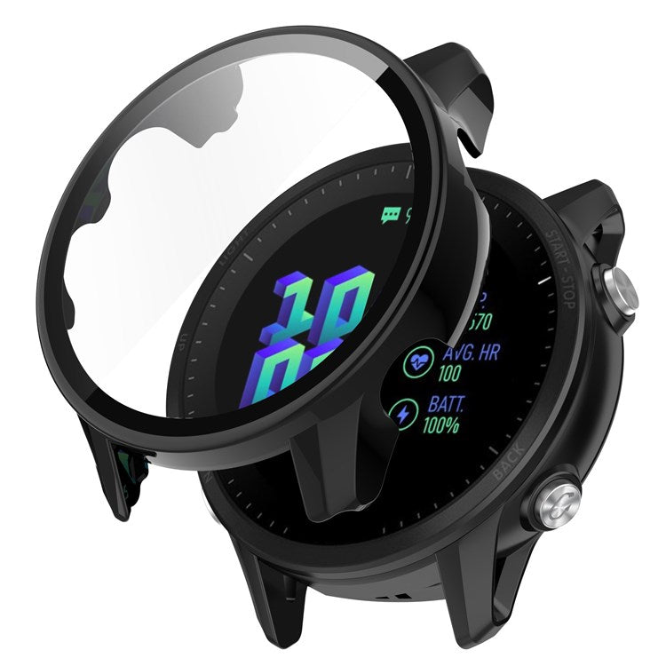 For Garmin Forerunner 955 Full Protection Hard PC Watch Case Cover with Tempered Glass Screen Protector - Black