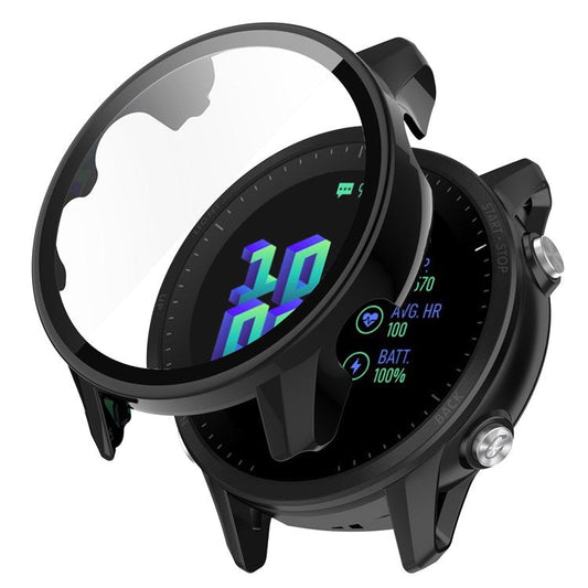 For Garmin Forerunner 955 Full Protection Hard PC Watch Case Cover with Tempered Glass Screen Protector - Black