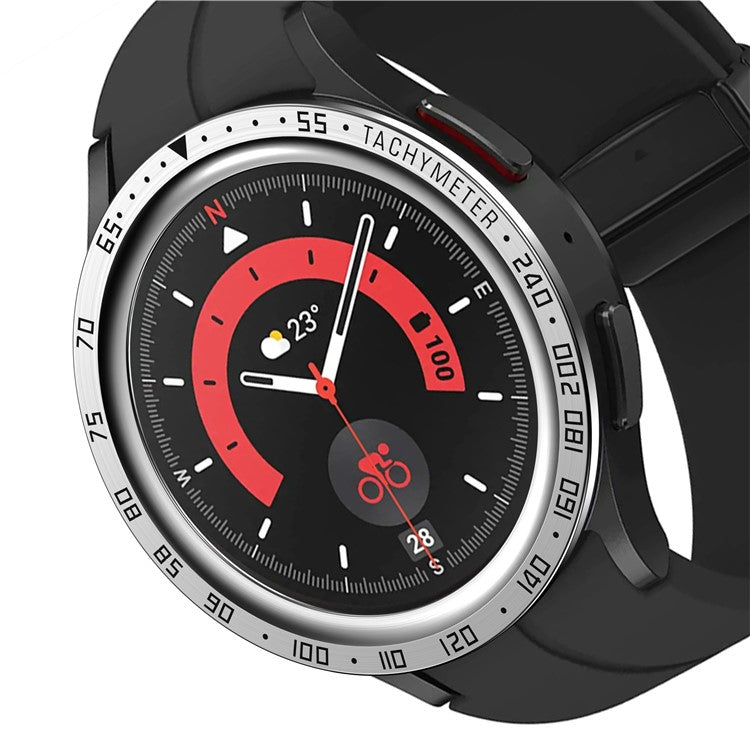 For Samsung Galaxy Watch 5 Pro 45mm Anti-scratch Watch Bezel Stainless Steel Frame Ring Bezel Case Protection Cover (Type E) - Silver Ring Black Letters
