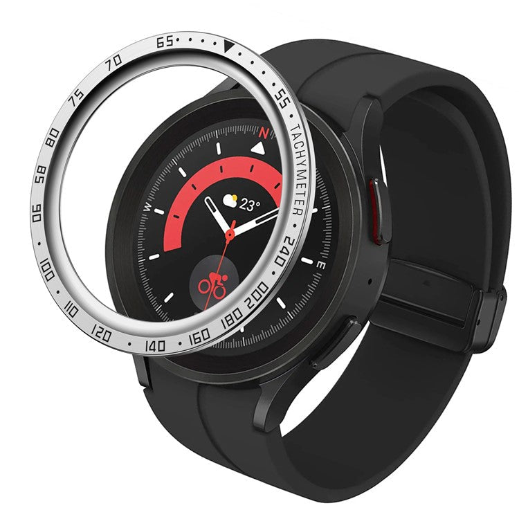For Samsung Galaxy Watch 5 Pro 45mm Anti-scratch Watch Bezel Stainless Steel Frame Ring Bezel Case Protection Cover (Type E) - Silver Ring Black Letters