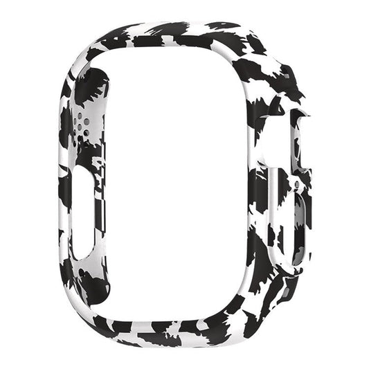 For Apple Watch Ultra 2 49mm / Ultra 49mm Hard PC Frame Cover Electroplating Hollowed-out Anti-Scratch Protective Case - White Leopard Print