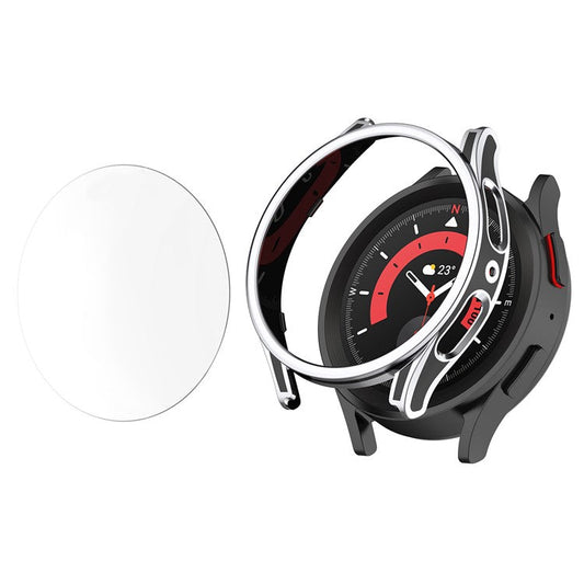 For Samsung Galaxy Watch 5 44mm /  Watch4 44mm Smart Watch Case Anti-drop PC Cover with Tempered Glass Screen Protector - Black / Silver