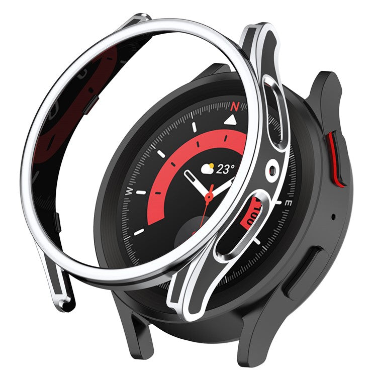 For Samsung Galaxy Watch 5 44mm /  Watch4 44mm Smart Watch Case Anti-drop PC Cover with Tempered Glass Screen Protector - Black / Silver