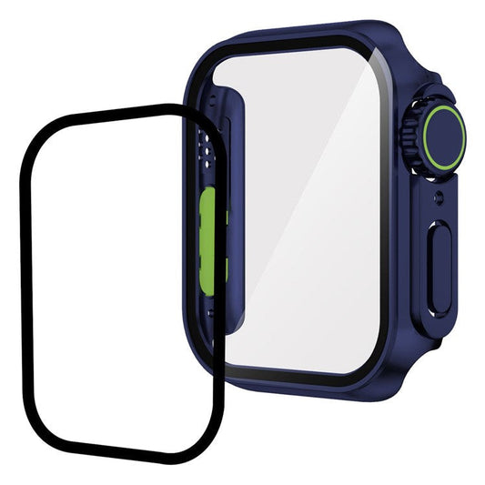 For Apple Watch Series 9 / 8 / 7 45mm Watch Case Hard PC Anti-drop Watch Cover with Tempered Glass Screen Protector - Dark Blue / Fluorescent Green