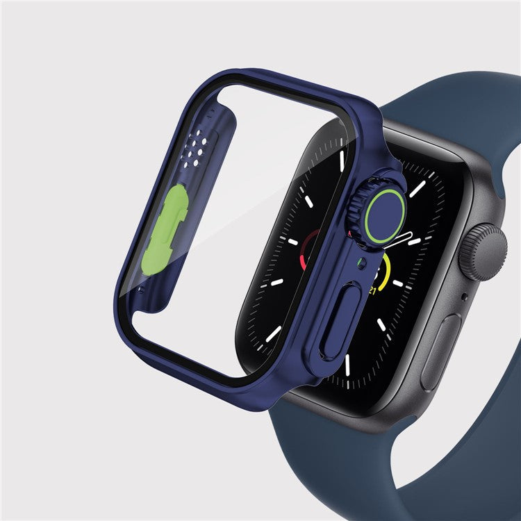 For Apple Watch Series 9 / 8 / 7 45mm Watch Case Hard PC Anti-drop Watch Cover with Tempered Glass Screen Protector - Dark Blue / Fluorescent Green