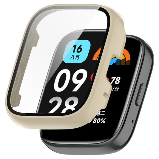 For Xiaomi Redmi Watch 3 Lite / Watch 3 Active Overall PC Case with Tempered Glass Film Ultra-Thin Watch Guard Cover - Ivory White
