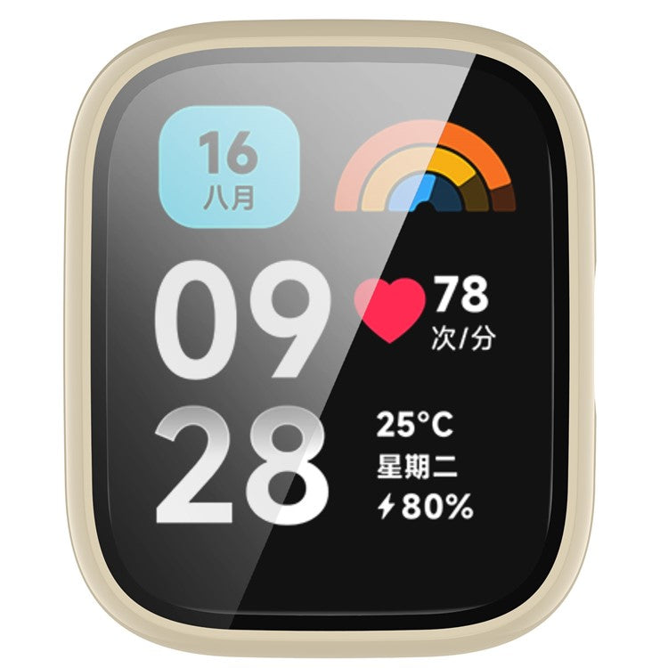 For Xiaomi Redmi Watch 3 Lite / Watch 3 Active Overall PC Case with Tempered Glass Film Ultra-Thin Watch Guard Cover - Ivory White