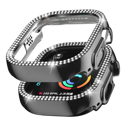 For Apple Watch Ultra 2 49mm / Ultra 49mm Hollow PC Watch Frame Cover Dual-Row Rhinestone Decor Smartwatch Case - Black