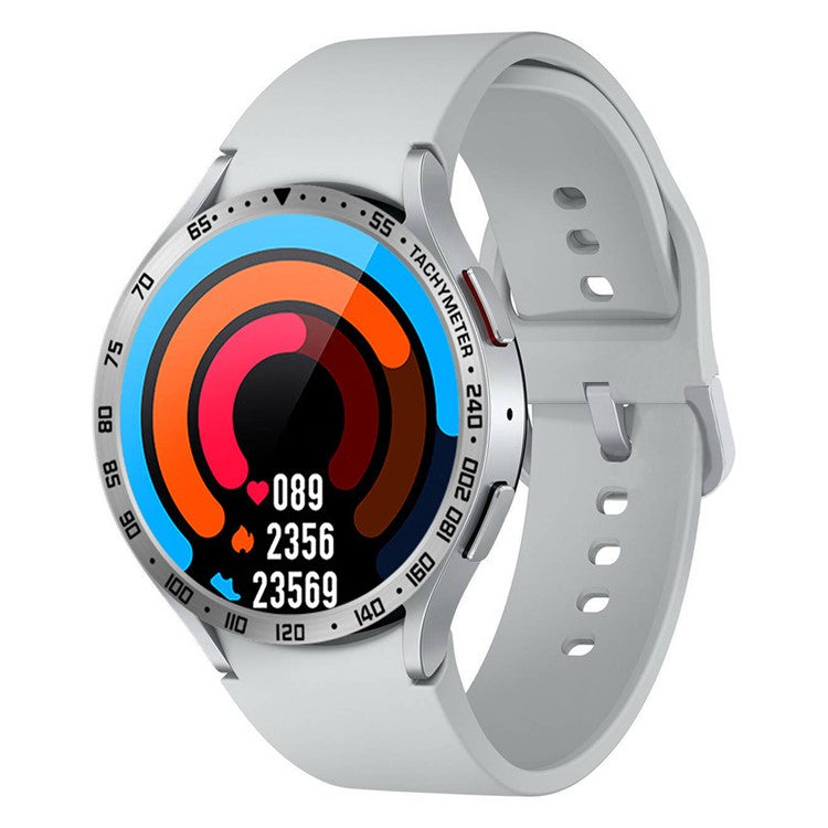 For Samsung Galaxy Watch6 Classic 47mm Watch Stainless Steel Bezel Insert Protective Ring Anti-scratch Adhesive Cover (Type E) - Silver / Black Characters