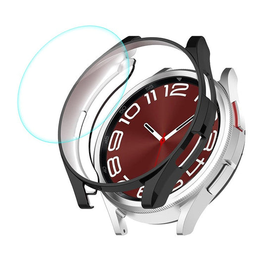 ENKAY HAT PRINCE For Samsung Galaxy Watch6 Classic 47mm Half-Cover Watch Case Electroplating TPU Frame with 0.2mm 9H Tempered Glass Screen Film - Black