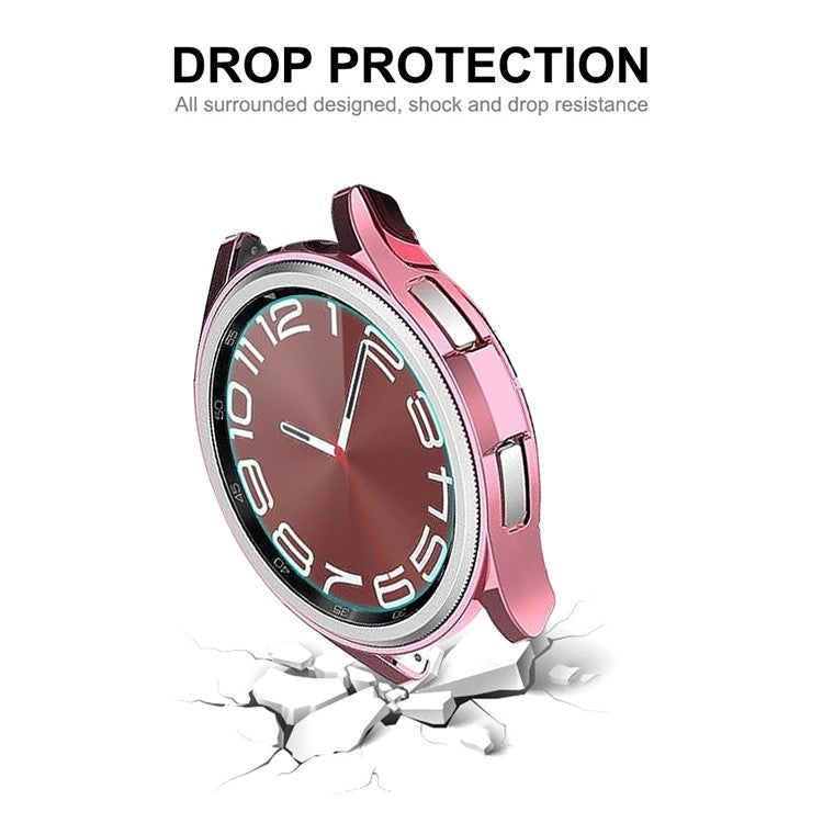 ENKAY HAT PRINCE For Samsung Galaxy Watch6 Classic 47mm Half-Cover Watch Case Electroplating TPU Frame with 0.2mm 9H Tempered Glass Screen Film - Black