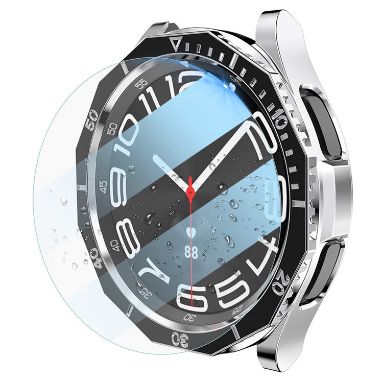 For Samsung Galaxy Watch6 Classic 43mm PC Case with Tempered Glass Film+Dial Bezel Ring Watch Case Cover - Black+Silver