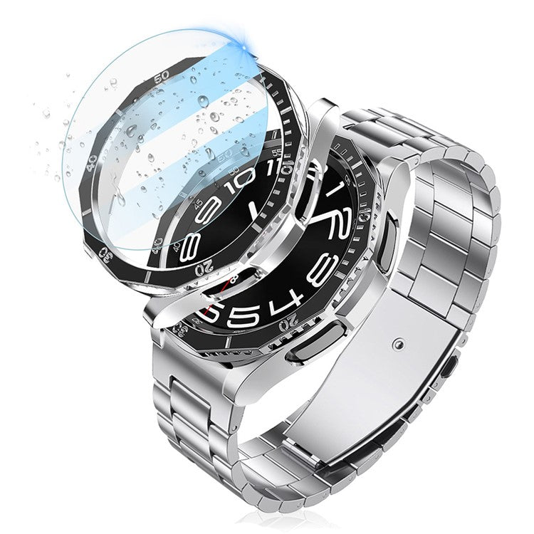 For Samsung Galaxy Watch6 Classic 43mm PC Case with Tempered Glass Film+Dial Bezel Ring Watch Case Cover - Black+Silver