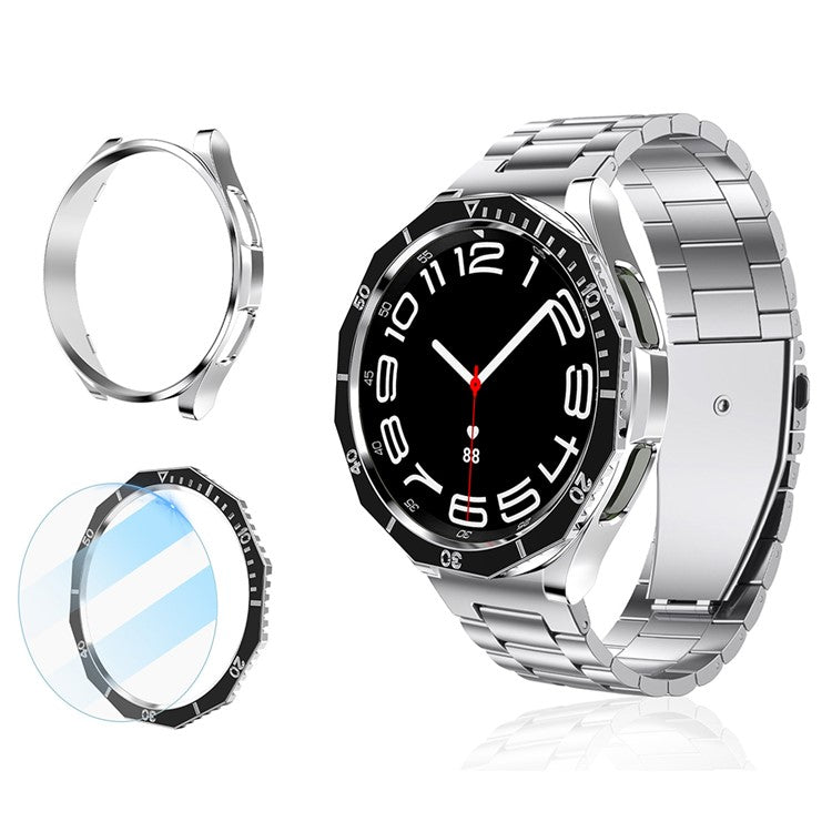 For Samsung Galaxy Watch6 Classic 43mm PC Case with Tempered Glass Film+Dial Bezel Ring Watch Case Cover - Black+Silver
