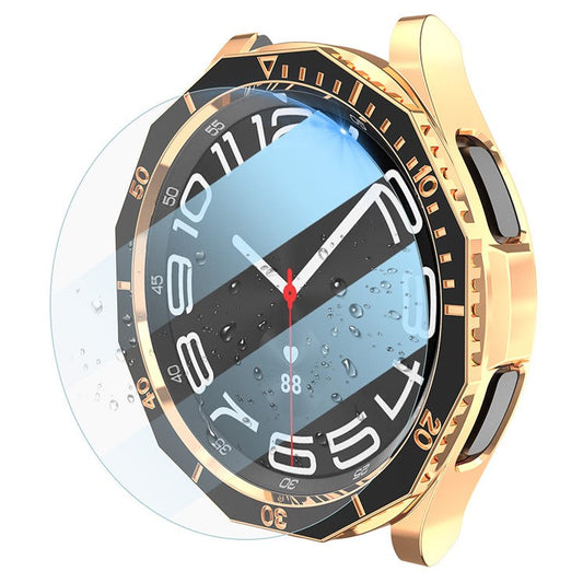 PC Watch Case Cover for Samsung Galaxy Watch6 Classic 47mm Case with Tempered Glass Film+Dial Bezel Ring - Black+Rose Gold