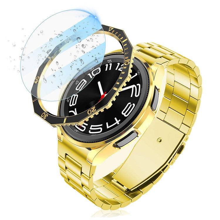 PC Watch Case Cover for Samsung Galaxy Watch6 Classic 47mm Case with Tempered Glass Film+Dial Bezel Ring - Black+Rose Gold