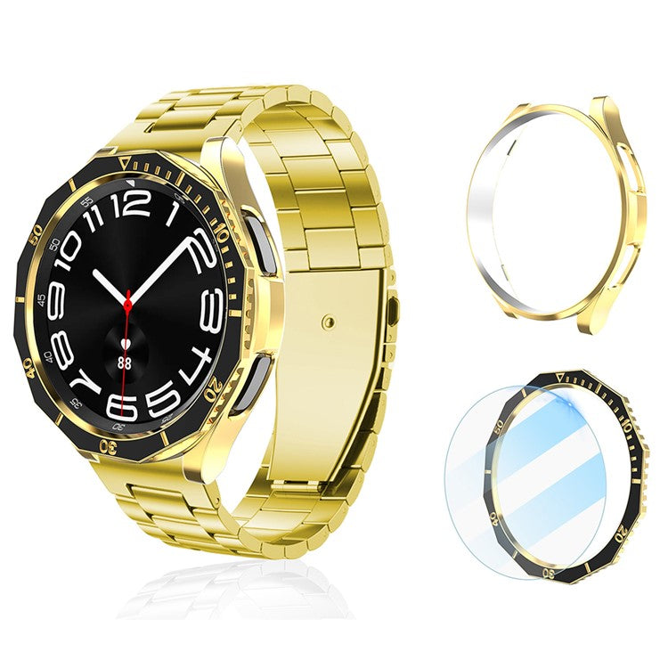 PC Watch Case Cover for Samsung Galaxy Watch6 Classic 47mm Case with Tempered Glass Film+Dial Bezel Ring - Blue+Rose Gold