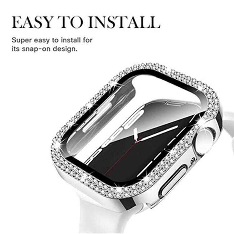 For Apple Watch Series 9 8 7 45mm PC Watch Case Rhinestone Electroplating Watch Cover with Tempered Glass Film - Pink