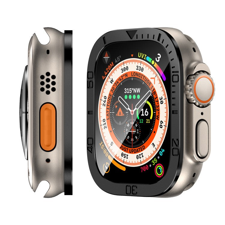 For Apple Watch Ultra 49mm / Ultra 2 49mm Watch Case Aluminum Alloy Cover with Tempered Glass Protector - Black