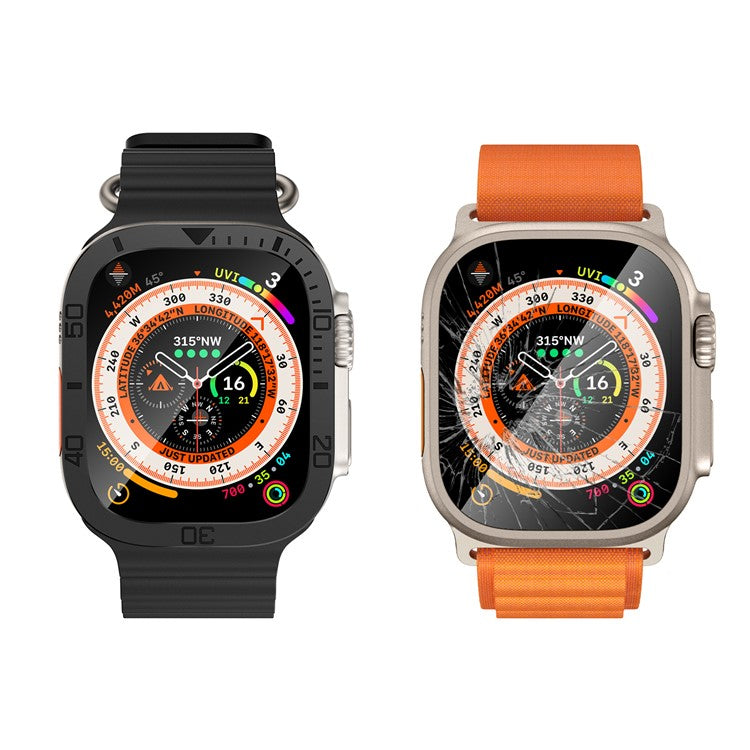 For Apple Watch Ultra 49mm / Ultra 2 49mm Watch Case Aluminum Alloy Cover with Tempered Glass Protector - Black