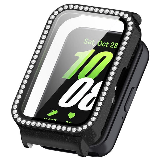 Watch Case for Samsung Galaxy Fit3 Rhinestone Decor PC Cover with Tempered Glass Screen Film - Electroplated Black