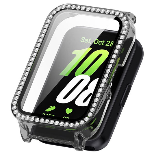Watch Case for Samsung Galaxy Fit3 Rhinestone Decor PC Cover with Tempered Glass Screen Film - Transparent Black