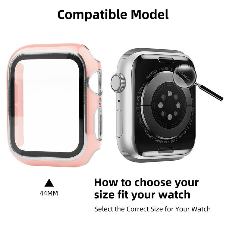 Electroplating Hard PC and Tempered Glass Film Smart Watch Case for Apple Watch Series 4 / 5 / 6 44mm / SE 44mm / SE (2022) 44mm - Pink / Silver