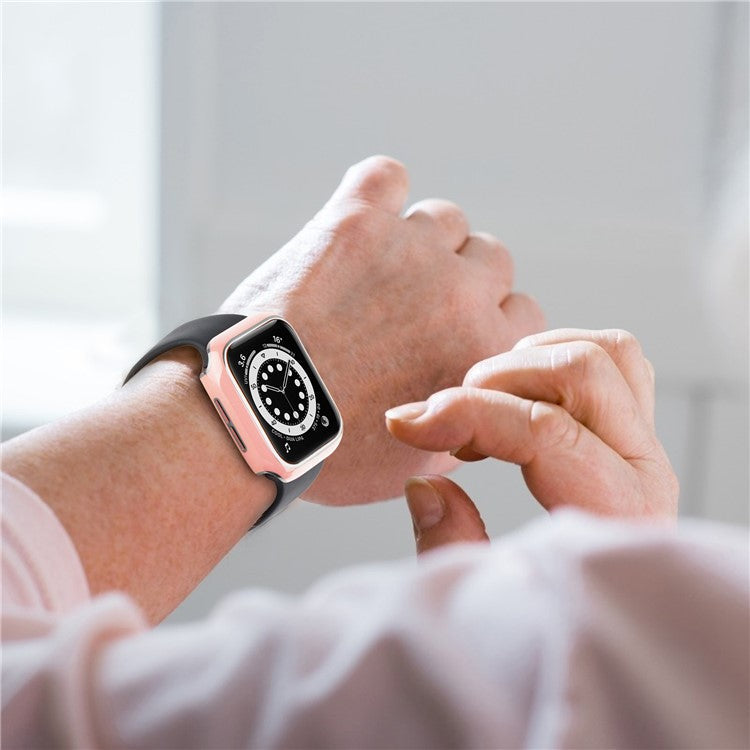 Electroplating Hard PC and Tempered Glass Film Smart Watch Case for Apple Watch Series 4 / 5 / 6 44mm / SE 44mm / SE (2022) 44mm - Pink / Silver