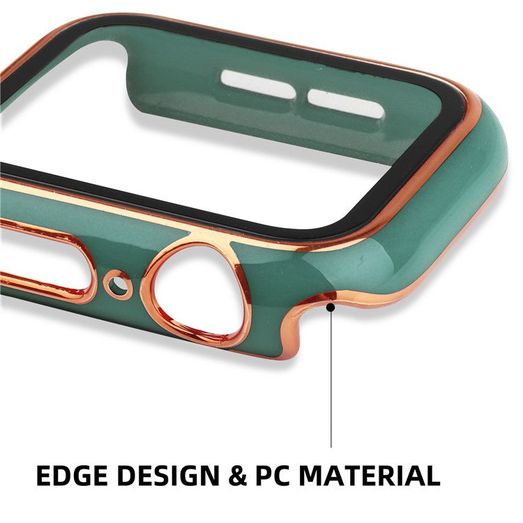 Electroplating Hard PC and Tempered Glass Film Smart Watch Case for Apple Watch Series 4 / 5 / 6 44mm / SE 44mm / SE (2022) 44mm - Blackish Green / Gold