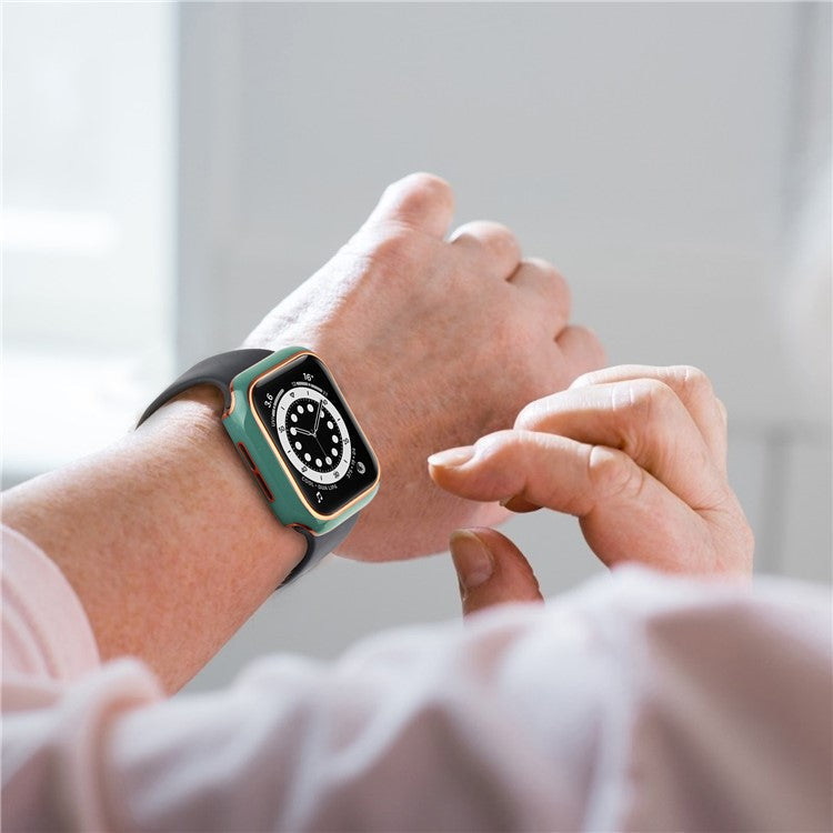 Electroplating Hard PC and Tempered Glass Film Smart Watch Case for Apple Watch Series 4 / 5 / 6 44mm / SE 44mm / SE (2022) 44mm - Blackish Green / Gold