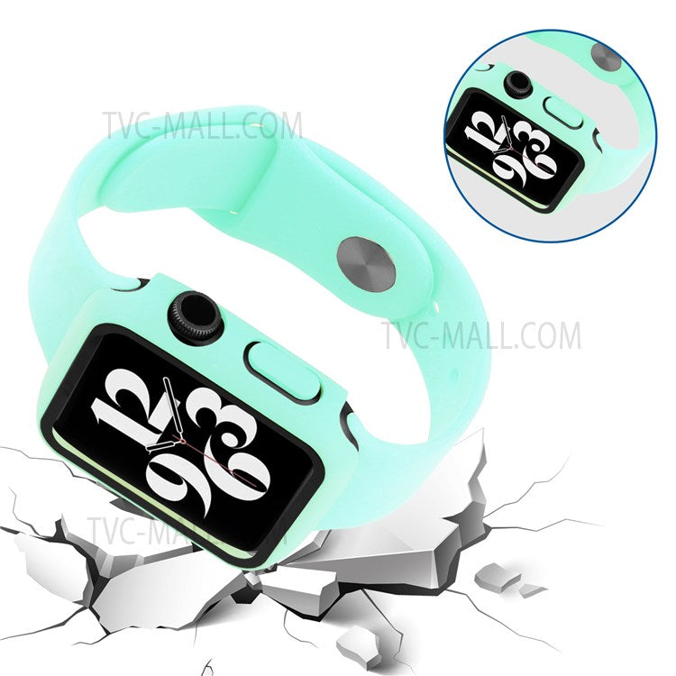 Tempered Glass Screen Protector PC Watch Case Cover + Silicone Watch Band for Apple Watch Series 7 41mm - Cyan