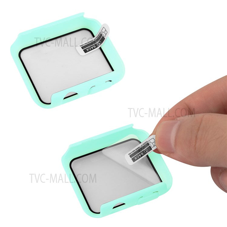 Tempered Glass Screen Protector PC Watch Case Cover + Silicone Watch Band for Apple Watch Series 7 41mm - Cyan